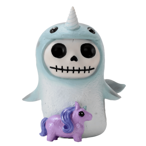 Front view of blue Narwhal resin figurine with a skeleton face, spiral tusk, standing next to a tiny purple unicorn companion.