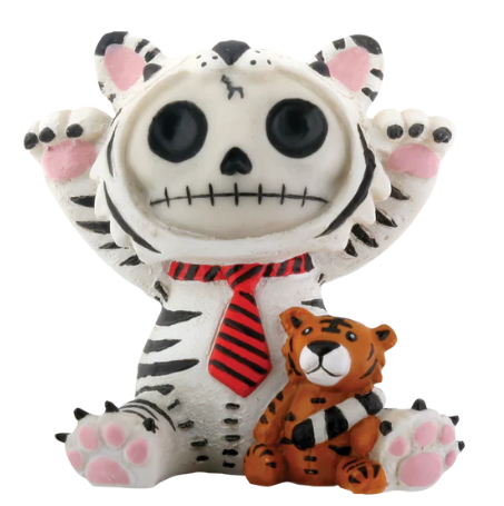 Whimsical white tiger figurine with black stripes and a skeleton-like facial design, sitting next to a small orange tiger figurine. The larger tiger features a red striped tie.