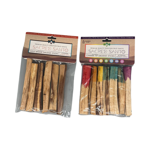 Two variety bundles of packaged Palo Santo incense sticks showing both natural bare wood and vibrant, colorfully wrapped sticks.