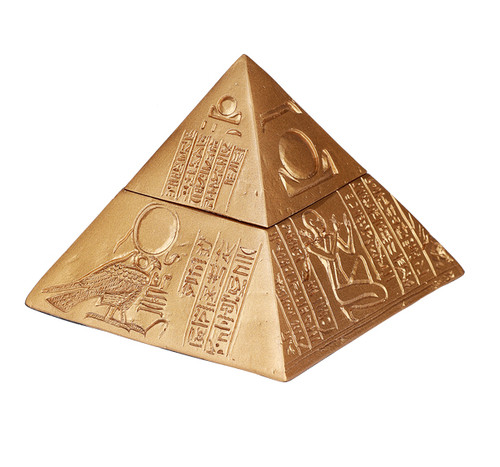Small Egyptian pyramid figurine with gold finish, featuring engraved hieroglyphics and ancient Egyptian symbols on all four sides.