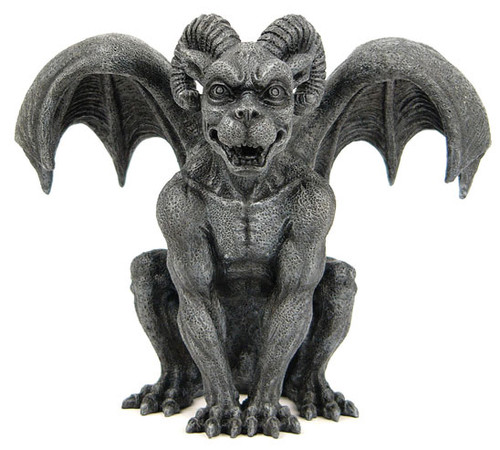 Ram Horned Gargoyle statue crouching with bat-like wings and dark grey stone texture, gothic resin figurine for home decor.
