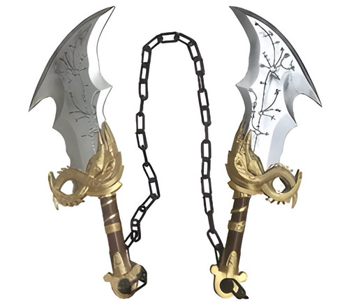 A foam replica of the Blades of Chaos from God of War: Ragnarok, featuring intricate carvings and engravings. Perfect for cosplay, display, or light sparring.