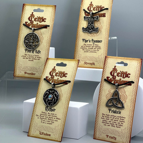 Celtic Visions pewter necklaces featuring the Nathair, Thor's Hammer, Triskele, and Tree of Life symbols.