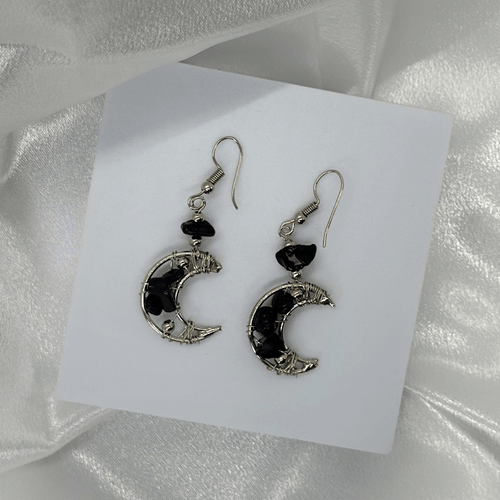 Silver Crescent Moon Earrings with Blue Goldstone Stones