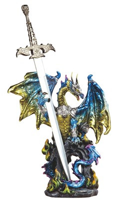 Majestic dragon figurine guarding a large sword, colorful detailed fantasy collectible