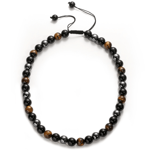 A 12mm gemstone beaded necklace featuring a repeating pattern of polished Black Obsidian, chatoyant golden-brown Tiger’s Eye, and metallic silver Hematite. The beads are strung on a durable black cord with a functional, adjustable sliding knot closure for a custom fit.
