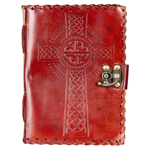 A rustic, reddish-brown leather journal with an embossed Celtic cross design featuring knotwork, a laced edge, and an antique brass-colored swing clasp. A rustic, reddish-brown leather journal with an embossed Celtic cross design featuring knotwork, a laced edge, and an antique brass-colored swing clasp.