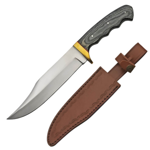 Large hunting knife, polished silver blade, textured dark gray wooden handle with finger grooves, brass-colored guard, and light brown stitched leather sheath with a strap. Large hunting knife, polished silver blade, textured dark gray wooden handle with finger grooves, brass-colored guard, and light brown stitched leather sheath with a strap.