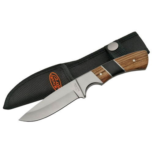 Sleek zebrawood handle hunting knife with a polished blade, stainless steel bolster, and a black nylon sheath with an orange logo. Sleek zebrawood handle hunting knife with a polished blade, stainless steel bolster, and a black nylon sheath with an orange logo.