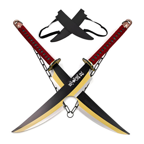 Two black and gold swords with red handles are crossed in the foreground, connected by a chain. A black double leather sheath with straps rests behind them against a white background. Two black and gold swords with red handles are crossed in the foreground, connected by a chain. A black double leather sheath with straps rests behind them against a white background.