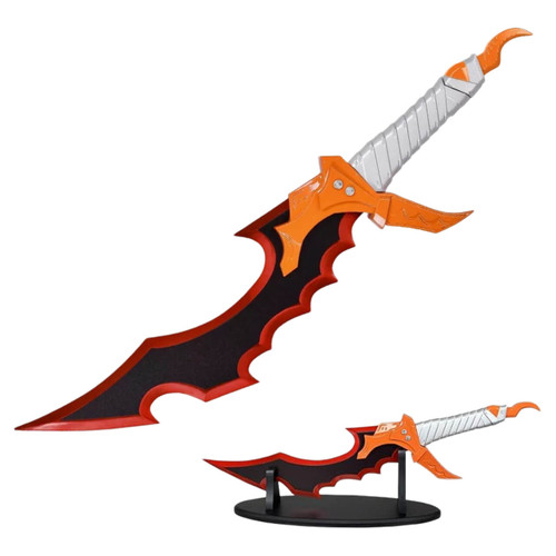 A grey-handled dagger with an orange, wing-like crossguard and a black, jagged red-edged blade is shown both upright and on a black display stand against a white background.