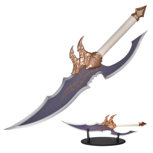 A dagger with a white and grey handle, bronze wing-like crossguard, and a dark purple blade with gold patterns and a hooked silver edge is shown upright and on a black display stand.