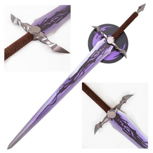 A Solo Leveling Demon King Longsword features a brown grip, silver-grey crossguard, and a translucent purple blade with dark jagged patterns. It's shown with close-ups of the hilt and blade tip, alongside a circular black wall mount with a purple phoenix emblem.