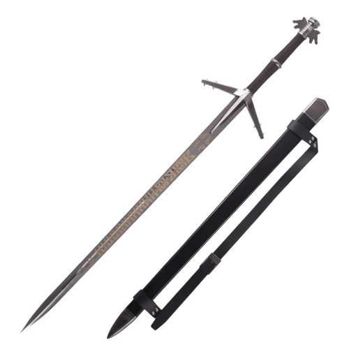 A detailed replica of a fantasy sword named Aerondight from The Witcher which contains a black hilt and an elaborate silver pommel, resting next to its matching black scabbard. The long, slender blade is dark metallic silver and features intricate gold-colored runic engravings down its length. The crossguard is wide and made of polished silver. A detailed replica of a fantasy sword named Aerondight from The Witcher which contains a black hilt and an elaborate silver pommel, resting next to its matching black scabbard. The long, slender blade is dark metallic silver and features intricate gold-colored runic engravings down its length. The crossguard is wide and made of polished silver.