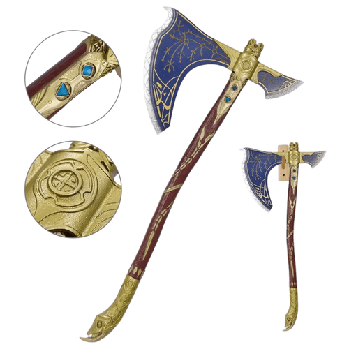 A replica of Kratos's Leviathan Axe from God of War, featuring a large blue blade decorated with gold Norse runes and a small back spike. The axe has a long, reddish-brown handle with a decorative gold pommel carved into a serpent's head. Close-up insets show the blue jewel detailing on the handle and the carved symbol on the pommel. A replica of Kratos's Leviathan Axe from God of War, featuring a large blue blade decorated with gold Norse runes and a small back spike. The axe has a long, reddish-brown handle with a decorative gold pommel carved into a serpent's head. Close-up insets show the blue jewel detailing on the handle and the carved symbol on the pommel.