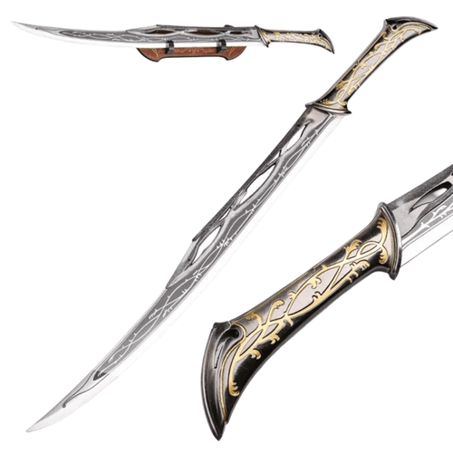 The sword has a long, slender, slightly curved blade made of polished steel. It is decorated with vine-like Elvish engravings and has distinctive openwork cutouts near the hilt. The hilt itself is ornate, featuring a swept-back design and intricate gold and silver leaf patterns. The sword has a long, slender, slightly curved blade made of polished steel. It is decorated with vine-like Elvish engravings and has distinctive openwork cutouts near the hilt. The hilt itself is ornate, featuring a swept-back design and intricate gold and silver leaf patterns.