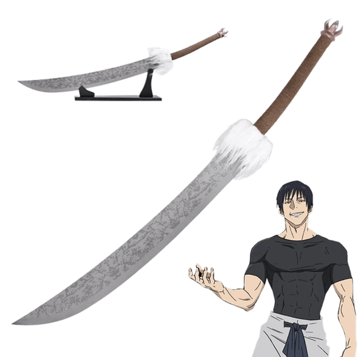 A long, slightly curved sword with a matte grey blade that has a subtle, textured pattern resembling distressed metal or faint etching. The hilt is a simple brown grip with a distinctive thick, white, fluffy fur accent where it meets the blade. A long, slightly curved sword with a matte grey blade that has a subtle, textured pattern resembling distressed metal or faint etching. The hilt is a simple brown grip with a distinctive thick, white, fluffy fur accent where it meets the blade.