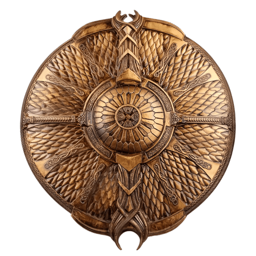 A high-detail replica of the Guardian Shield (also known as the Shield of the Ages) from the video game God of War. The round shield has a bronze or aged gold finish, featuring a highly textured scale or feather pattern around the central boss. Intricate knotwork and large, embossed crosses or wings decorate the shield's surface.