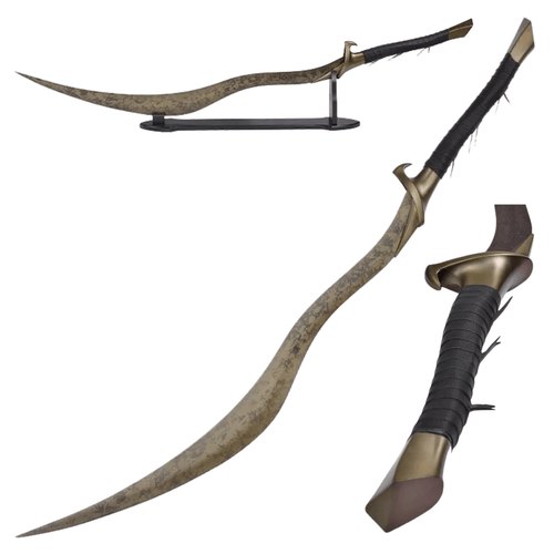 A multi-view image of a replica of the Bloodhound's Fang curved greatsword from Elden Ring. The weapon has a dramatically long, deep curve and a distressed, aged bronze or brass finish on the blade and hilt components. The grip is wrapped tightly in black leather. One view shows the sword resting on a simple black display stand.