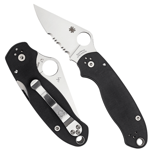 A side-by-side image of a Spyderco Para 3 folding knife. The main knife is open, showing a satin-finished blade with a partially serrated edge (combo edge) and the signature Spyderco round hole. The blade is etched with "SPYDERCO CPM S45VN." The handle is black, likely G-10 or FRN, and features a lanyard hole near the bottom. To the left, the knife is shown closed, highlighting a large, silver pocket clip attached to the scale.