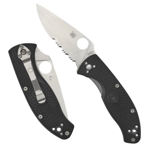 A side-by-side view of a Spyderco Tenacious Lightweight folding knife. The main knife is open, featuring a satin-finished leaf-shaped blade with a partially serrated edge (combo edge) and the signature Spyderco round hole. The blade is etched with the blade steel "8Cr13MoV." The handle is black FRN (Fiberglass Reinforced Nylon) with a highly textured, repeating checkerboard pattern. To the left, the knife is shown closed, highlighting a large, silver pocket clip attached to the textured handle scale.