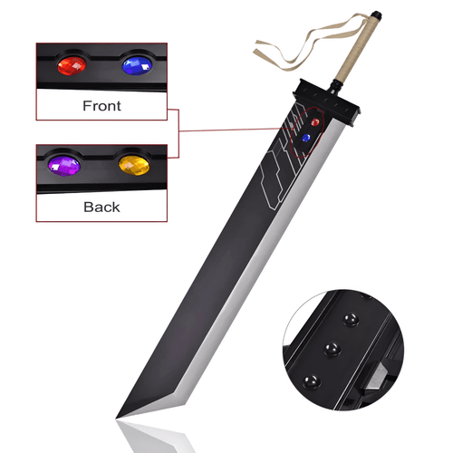 A replica of the iconic Buster Sword from Final Fantasy VII. The large, broad blade is dark grey with a silver-colored edge and a tan-wrapped handle with trailing ribbons. Three inset photos show close-up details: the front side features a red and a blue Materia gemstone, the back side features a purple and a yellow gemstone, and a third inset shows the textured black guard.