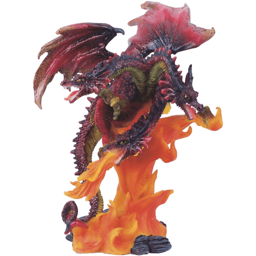 A highly detailed fantasy statue of a three-headed dragon with deep red and maroon scales. The dragon features jagged wings and spiky ridges along its backs. It is perched atop a large, swirling base of translucent orange and yellow flames, with each of its three heads posed as if breathing fire in different directions.