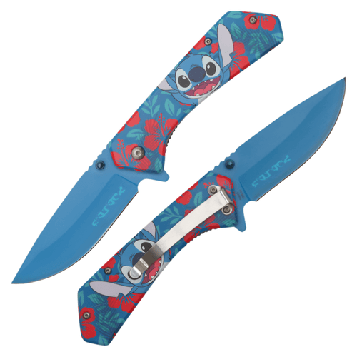 A Disney-themed folding pocket knife featuring a vibrant blue handle decorated with a repeat pattern of Stitch’s face and bright red hibiscus flowers. The drop point blade is finished in a matching sky blue with decorative alien-script engravings near the base. Shown from two angles, the knife includes a stainless steel pocket clip on the reverse side and a flipper tab for quick deployment.