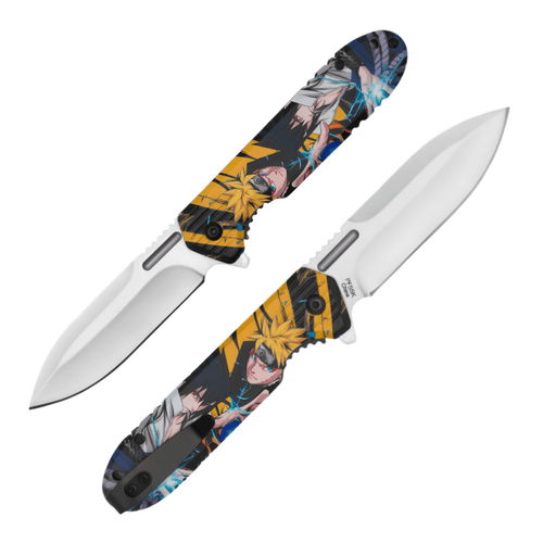 Naruto and Sasuke themed pocket knife with a yellow and black striped handle and a silver spear point blade. The handle showcases the legendary rivals in dynamic poses with blue lightning effects. Includes a black belt clip and matching black hardware.