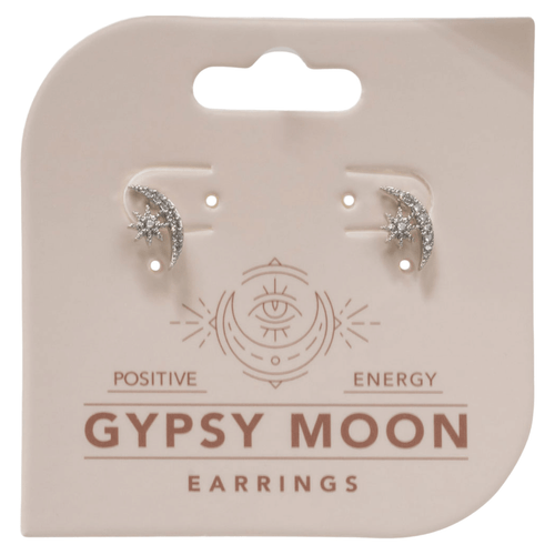 A pair of silver-toned stainless steel stud earrings featuring a celestial sun and moon design. Each earring consists of a slender, polished crescent moon pavé-set with shimmering clear crystals.