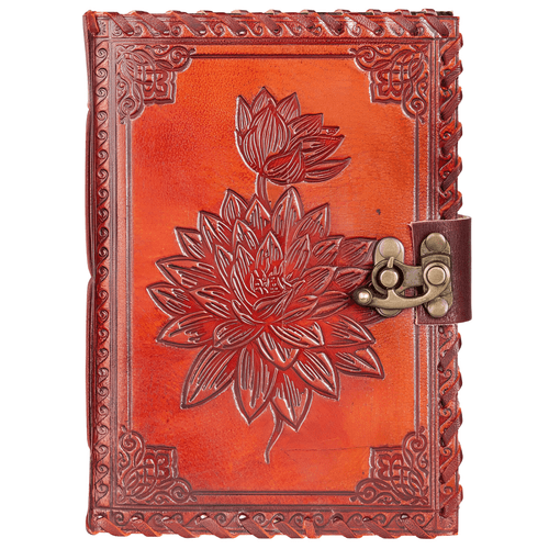 A beautifully detailed, vintage-style handmade journal with a rich, embossed brown leather cover. The central design features a prominent, full-blooming lotus flower, with a smaller lotus bud rising gracefully above it.