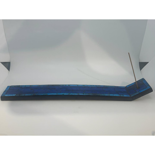 Mosaic Sled Incense Burner, elongated blue mosaic design with a small incense stick inserted at one end.