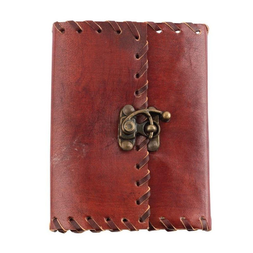 Plain Leather Journal, vintage brown leather notebook with a metal clasp closure and decorative stitching along the edges.