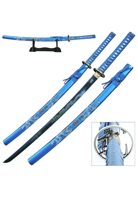 Blue dragon katana sword set with stand, featuring a decorative Japanese samurai sword with a glossy blue scabbard, engraved dragon artwork, and a sharp unsheathed blade—perfect for collectors, cosplay, and home display.