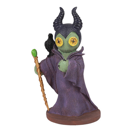Cute dark fairy villain figurine with horns and staff, whimsical gothic fantasy character statue with raven, collectible decor piece