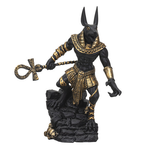 Egyptian Anubis figurine with ankh staff, black and gold jackal god statue, ancient mythology decor for collectors and home display