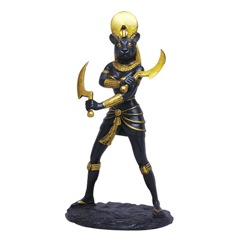 Sekhmet goddess statue with lion head and sun disk, black and gold Egyptian mythology figurine for home decor and collectors