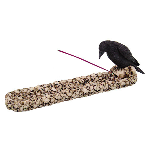 Raven incense holder on skull base, gothic incense burner with black crow and skull design, spooky home decor accessor