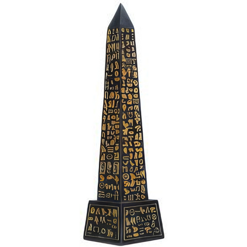 Ancient Egyptian obelisk sculpture with gold symbols, black pyramid-style monument replica for themed decor and collectors