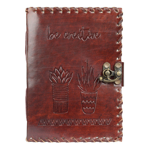 Handcrafted leather notebook with ‘be creative’ quote and cactus embossing, vintage journal with metal latch closure
