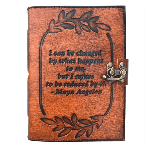 Embossed leather notebook featuring motivational quote design with rustic finish and metal lock