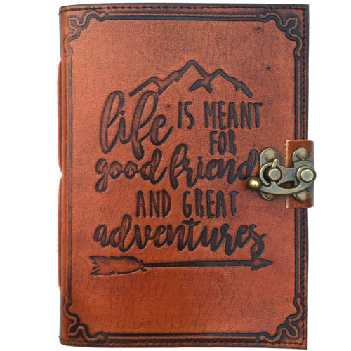 Adventure-themed leather journal with engraved quote “life is meant for good friends and great adventures” and vintage clasp
