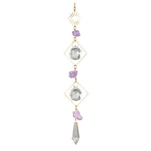 Amethyst sun suncatcher hanging decor with crystal prism and purple gemstone accents for home decoration