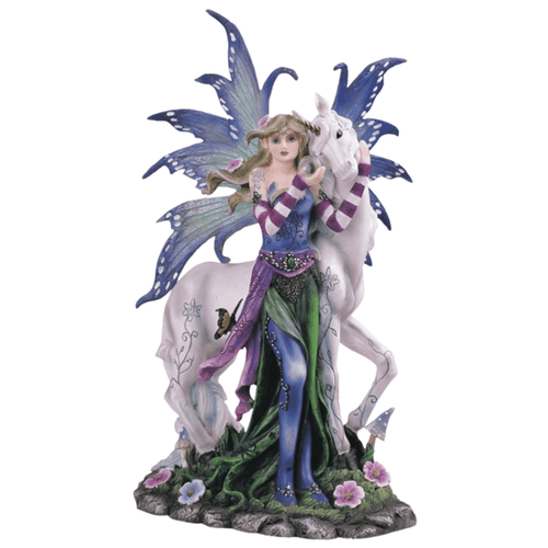 Enchanting fairy and unicorn statue with floral base, detailed fantasy décor piece for home or office