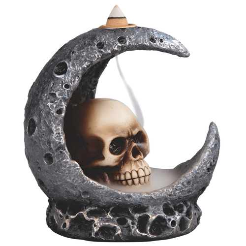 Skull and crescent moon backflow incense burner with detailed gothic design for meditation and home altar decor
