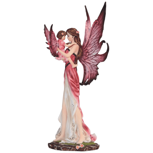 Enchanting fairy figurine with mother and child design in soft pink tones for fantasy and sentimental decor