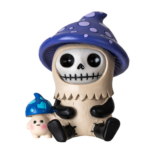 Adorable skull character with mushroom cap and mini friend, quirky collectible ornament