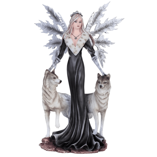 Mystical fairy queen statue with wolves and silver wings, enchanting fantasy decor centerpiece