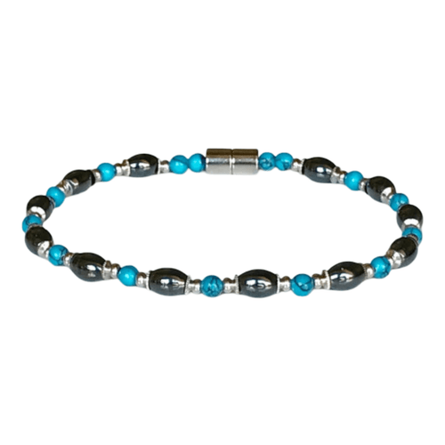 Turquoise Magnetic Anklet with turquoise gemstone beads, hematite beads, silver spacers, and a magnetic clasp.