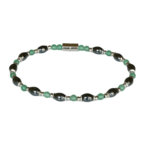 A stylish bracelet featuring dark hematite and green aventurine beads with a convenient magnetic clasp.